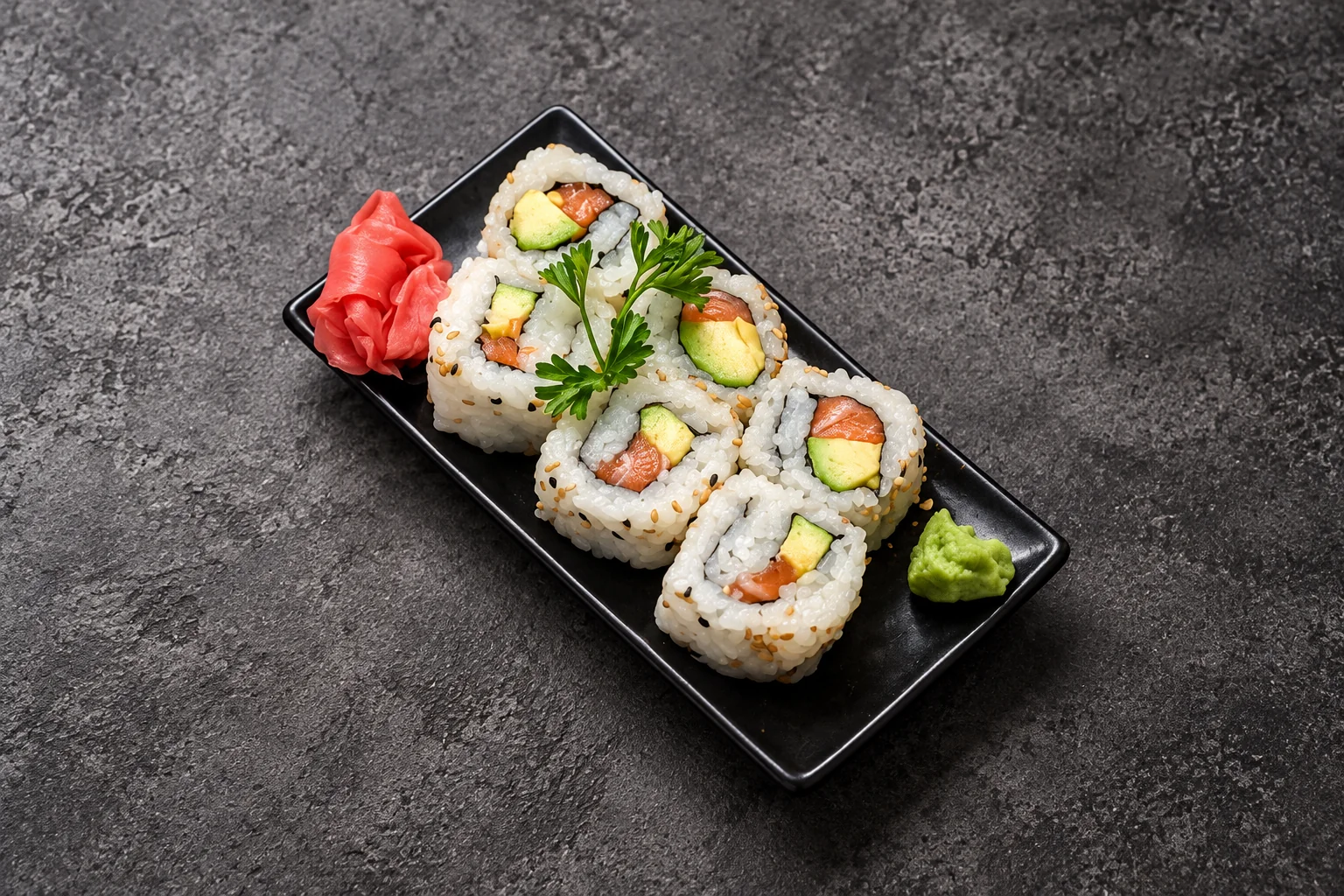Salmon avocado California rolls on a black rectangular plate with ginger and wasabi, dark concrete background.